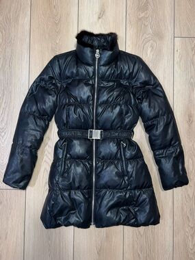 Michael Kors Black Quilted Belted Puffer Coat with Fur Trim